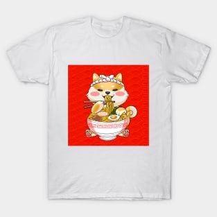 Shiba inu eating ramen noodles happily T-Shirt